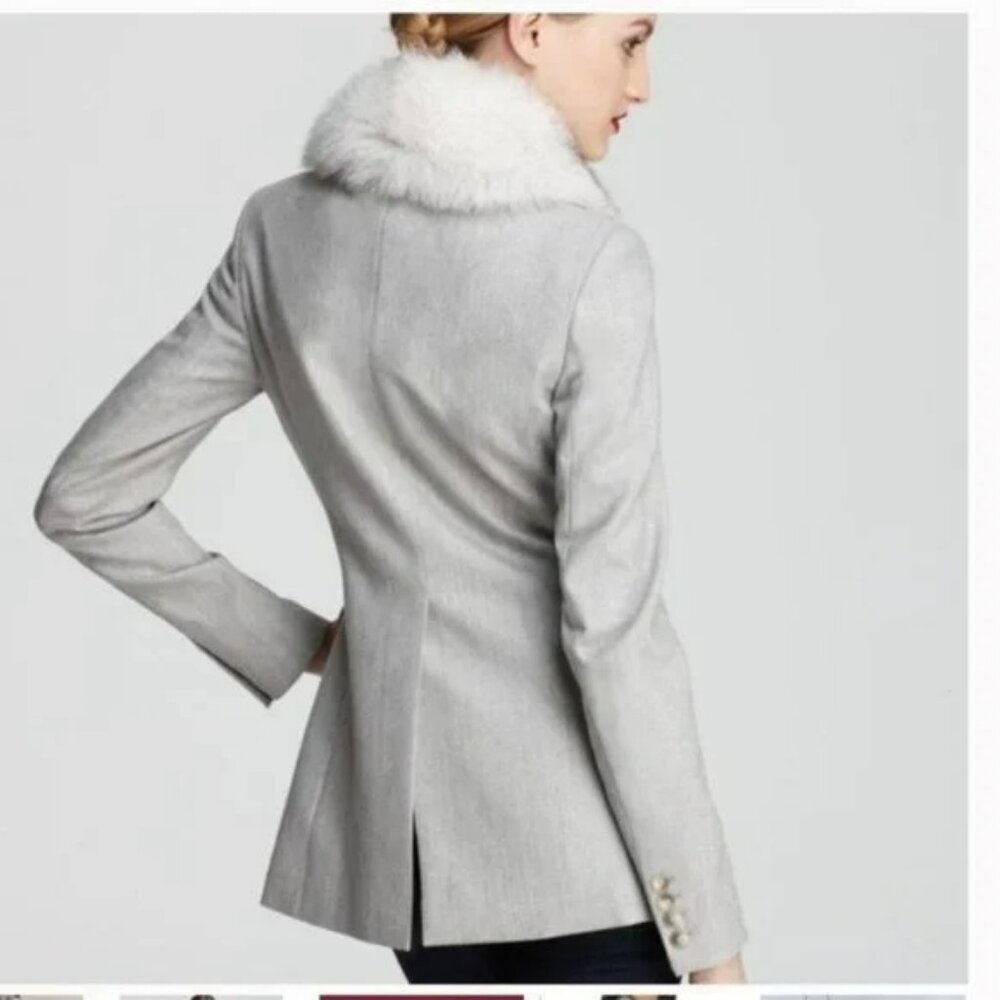 NWT Theory Wool Herringbone Fitted Blazer Removable Fox Collar Blue Gray. SZ 4 - Picture 2 of 4
